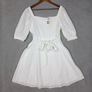 Anne Klein Kleid Damen 14 weiß quadratischer Ausschnitt Fit & Flare Ösen Gürtel Beachy Neu mit Etikett - Bild 1 von 21