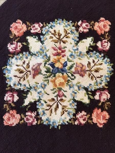Vintage Floral on Black Needlepoint Chair Or Pillow Cover 13.5”x14” Completed - Picture 1 of 8