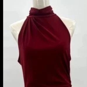 JewelBadgley Mischka Halter Dress Womens 8 Burgundy Stretch Ruched Diagonal Hem - Picture 1 of 12