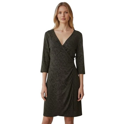 Vestido De Colección Olivia Matthews M Negro Dorado Metálico Imitación Envoltura Acanalado Fiesta Cóctel Foto 1 de 4