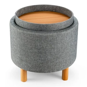 Costway Round Storage Ottoman w/Tray Top Accent Padded Footrest w/Wood Legs Gray - Picture 1 of 11