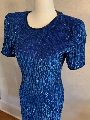 复古 Stenay 串珠鸡尾酒礼服丝绸亮片皇家钴蓝色派对 80 年代 4 S XS — 第 1/4 张图片