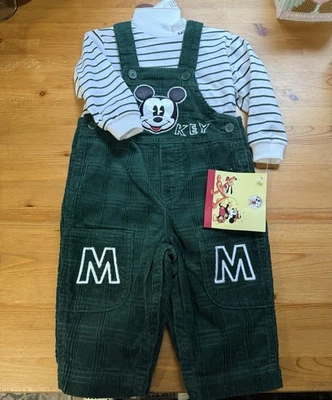 NWT Vtg Disney Mickey & Co Corduroy Overalls Outfit 12 Months Green Embroidered - Image 1 of 4