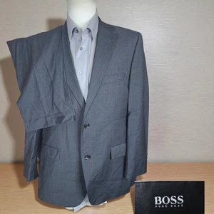 Hugo Boss 2 Piece Suit Mens 40R 34X32 Gray Stripe Double Vented Wool - Picture 1 of 13