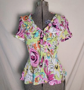 Vintage 90s Y2K Allison Taylor Sheer Bright Floral Ruffles Bow Top Volup L - Picture 1 of 12