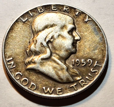 1959 D Benjamin TONED Franklin Half Dollar 90% Silver 50c (B4) - Image 1 of 2