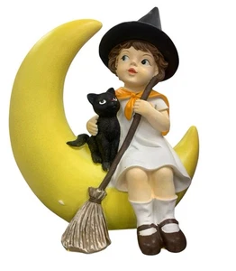 Halloween Witch Little Girl Sitting On Moon Black Cat Figurine Decoration - Picture 1 of 3