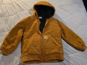 Carhartt Kids Canvas Jacket Tan Beige Quilt Lined Full Zip Hooded Sz S (7-8) - Picture 1 of 9