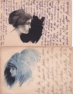 2 CARTOLINE DISEGNATE E COLORATE A MANO Donne, Condove (Torino) 1910 China - Picture 1 of 2