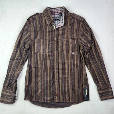 FENDER Custom Shop Rock & Roll Religion Striped Brown Snap Button Shirt Mens M - Image 1 of 4