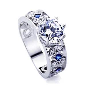 Women Silver 2ct Octagon Cut CZ Simulated Blue Sapphire Accent Engagement Ring - Picture 1 of 6