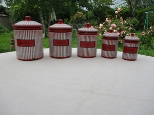 ANTIQUE B.B. ENAMELWARE CANISTER SET 5 PIECES RED & WHITE SPHINX ELITE ART DECO - Picture 1 of 12
