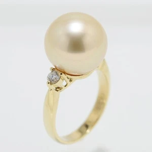 South Sea Gold Lip 13mm Pearl K18YG Ring D0.20ct - Picture 1 of 5