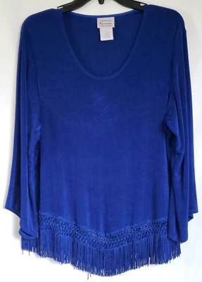 Top Renaissance Mujer Talla Grande Azul Flecos Cuello Redondo Cobalto Manga Larga Foto 1 de 4