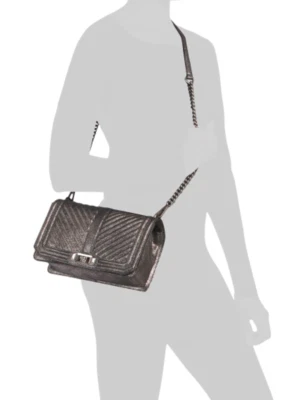 $298 NWT REBECCA MINKOFF LEATHER CHEVRON QUILTED LOVE FLAP CROSSBODY GUNMETAL - Image 1 of 4