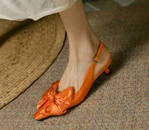 Womens Fashion Pointy Toe Bowknot Slingbacks Elegant Kitten Mid Heels Shoes - Picture 1 of 14