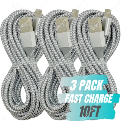 3Pack 10Ft Braided Charging Cable For iPhone 14 13 12 11 Pro XR USB Charger Cord - Image 1 of 4