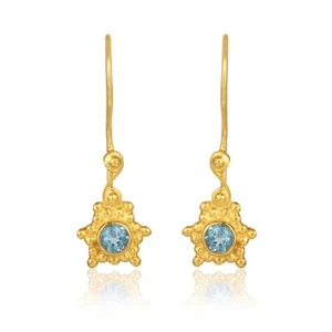 Handmade Doted Design Yellow Gold Plated Drop Earring For Gift With Blue Topaz - Picture 1 of 4