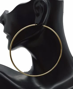 14k Solid Yellow Gold big Large Endless hoop Earrings. 70mm x 2 MM 3.2gr - Picture 1 of 5