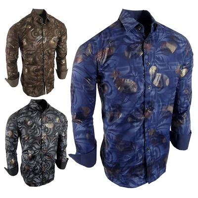 Mens Designer Shirt Floral Bronze Foil Paisley Overlays Stretch Slim Fit No-Tuck - Image 1 of 4