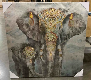 Mom and Baby Elephant Embellished Wall Art Hanging Print Multi Color Gems India - Picture 1 of 5