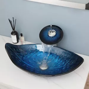 Blue&Black Bathroom Sink Tempered Glass Leaf Basin Waterfall Deck Mounted Faucet - Picture 1 of 9