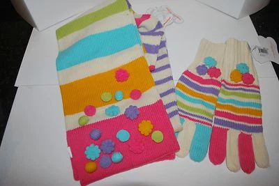 JUEGO DE BUFANDA Y GUANTE PEQUEÑO ACRÍLICO CREMA PASTEL ADORNADO NUEVO CON ETIQUETAS Foto 1 de 2