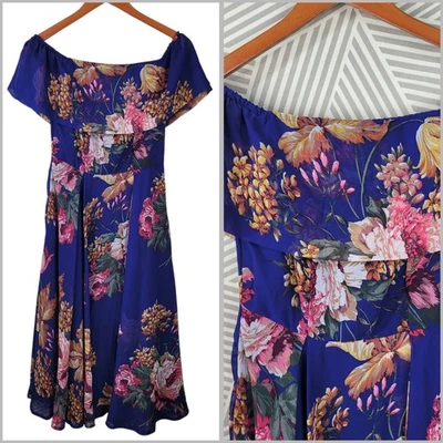 Asos Party Dress size 4 Layered Chiffon Long Midi Blue Off Shoulder Flare Party - Image 1 of 4