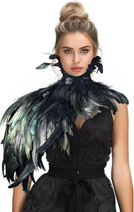 Schwarz Feder Cape Schal Kostüm Hexe Krähe Flügel Halsband Erwachsene Halloween - Bild 1 von 3