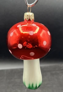 Single Mushroom Christmas Ornament Blown Glass Large 4” Red & White West Germany - Picture 1 of 8