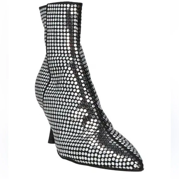 NEW AGL Black Sequins Silver Leather Pointed Toe Side Zip Ankle Boots 40 US 9 - Image 1 of 4