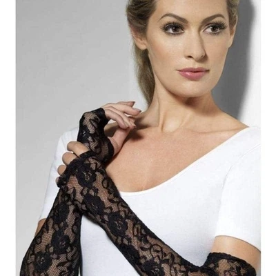 Guantes Largos Encaje Gótico Sin Dedos Negro 52cm Adulto Disfraz Accesorio Foto 1 de 2
