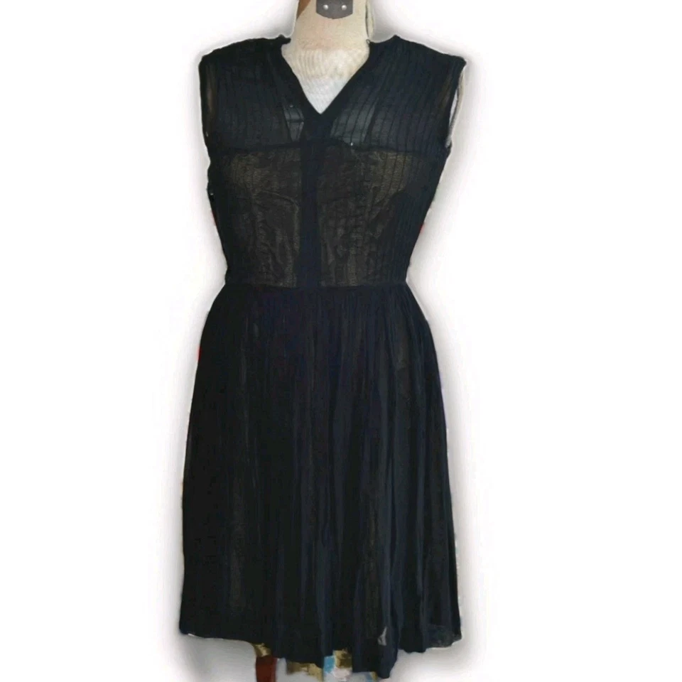 Vintage 1940s Black Chiffon Cocktail Dress Green Satin Underlay Size 6 Small-Med - Image 1 of 4