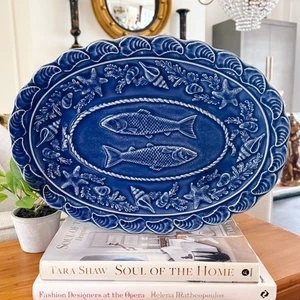 Rare Bordallo Pinheiro Blue Seashell Service 16" Oval Platter With Fish Motif - Picture 1 of 3