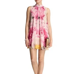 Ted Baker Dress 0 Pink Aliah Floral Print Swing Mini Sleeveless - Picture 1 of 21