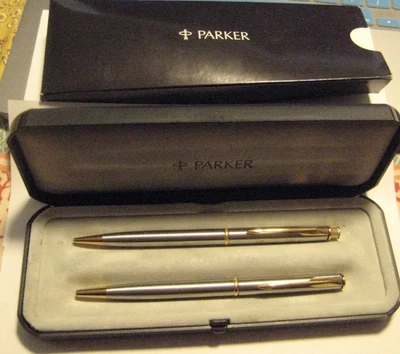 Parker Stainless Steel & Gold Trim Ballpoint Pen & .5mm Pencil Set CANADIAN CLUB - Image 1 of 4