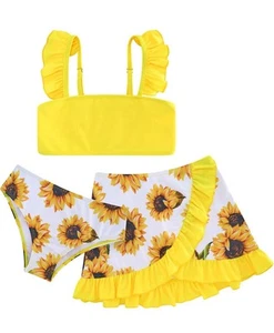 Girls Bathing Suits 3 Piece Swimsuit Summer Bikini Tankini Sets with Cover Skirt - Picture 1 of 5