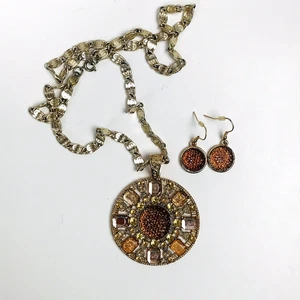 Round Reflector Pendant Necklace & Earrings Snail Link Chain Gold Tone 24.75” - Picture 1 of 10
