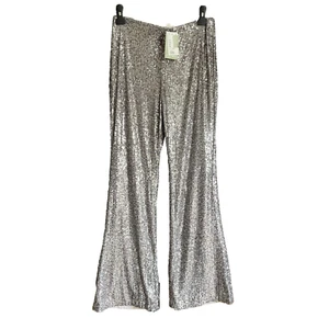 H&M Sequin Trousers M 12 14 Grey Silver Stretchy Flared / Flares New with Tags - Picture 1 of 3