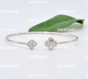 0.45 ct 14k Solid White Gold Natural Diamond Bangle Bracelet Clover Baguette - Picture 1 of 8