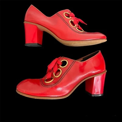 Vintage 1960s 1970s Mod Loafer Shoes Groovy Disco Heels Red Vinyl Oxfords - Image 1 of 4