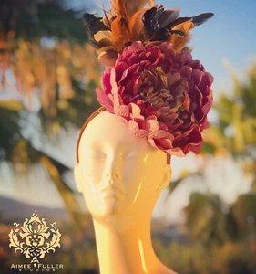Purple Flower Kentucky Derby Royal Ascot Fascinator Hat Brown Neutrals Feathers - Picture 1 of 24