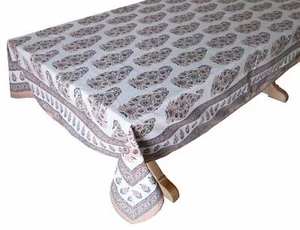 Hand Block Printed Tablecloth - Sunpaisley White - 60" x 90" - Picture 1 of 3