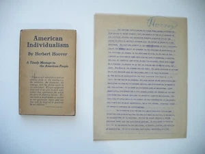 RARE HERBERT HOOVER FIRST EDITION AMERICAN INDIVIDUALISM BOOK & MANUSCRIPT - Picture 1 of 9