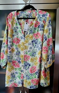 NWT Rose & Olive Plus 3X Multicolor 3/4 sleeve Button Down Blouse 31'' Long - Picture 1 of 4