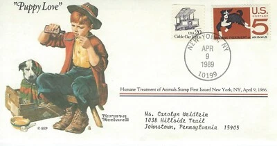 VINTAGE First Day of Issue US postage Norman Rockwell - Puppy Love 5 cent Stamp - Image 1 of 2