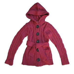 Pumpkin Patch Girls Hooded Front Open Cardigan Button Knit Belted Sweater Size 5 - Picture 1 of 13