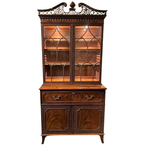 Widdicomb Chinese Chippendale Style Mahogany Display Cabinet with Butler’s Desk Cover