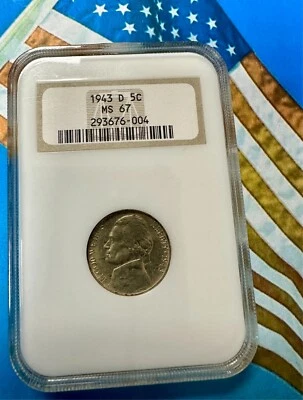 1943 D JEFFERSON WARTIME SILVER NICKEL PROFESSIONALLY GRADED MS 67 BY NGC *NICE* - Image 1 of 4