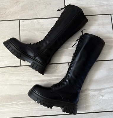 Womens Black PU Leather Knee High Boots Lace Up Zip Chunky Calf Ridding Shoes